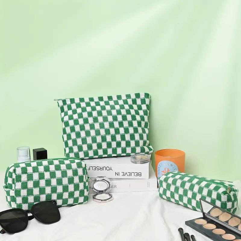 Claire | 3-Piece Autumn Winter Plaid Checkered Cosmetic Makeup Bag Set