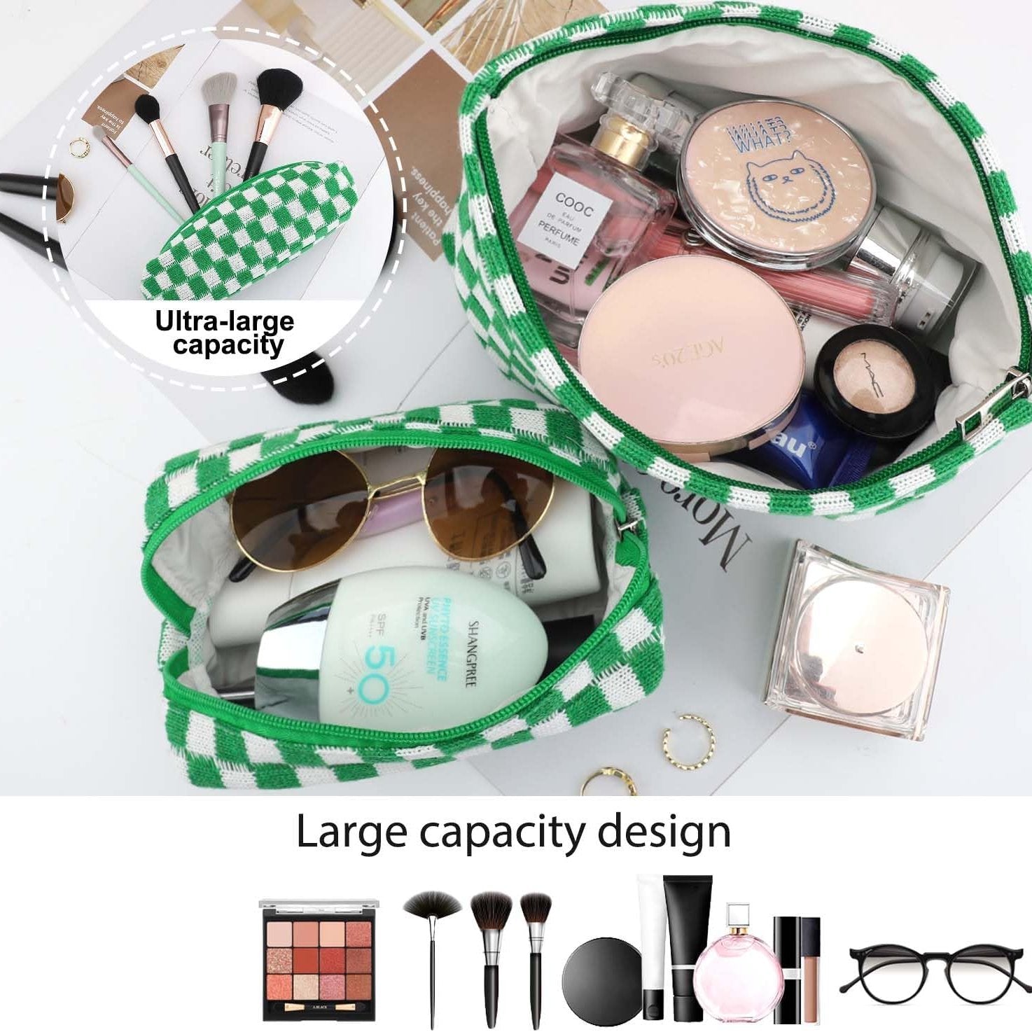 Claire | 3-Piece Autumn Winter Plaid Checkered Cosmetic Makeup Bag Set