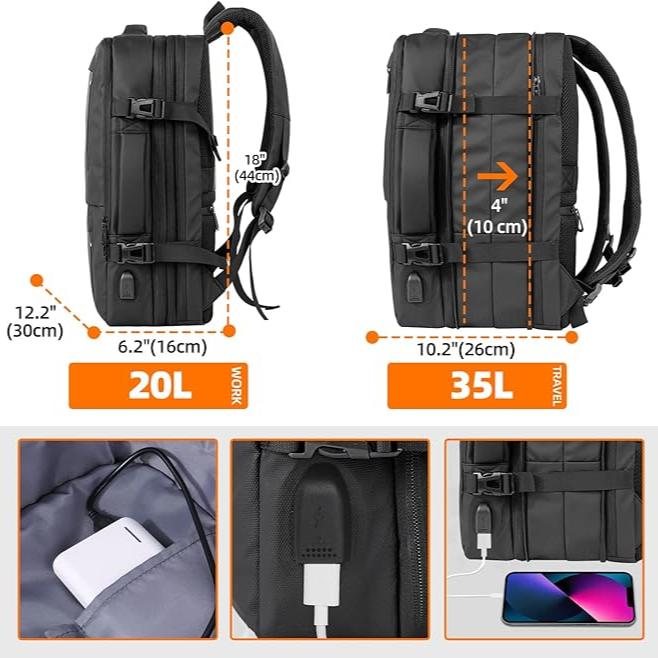 Lucas | Large Expandable Travel Rucksack Laptop Backpack with USB Charging