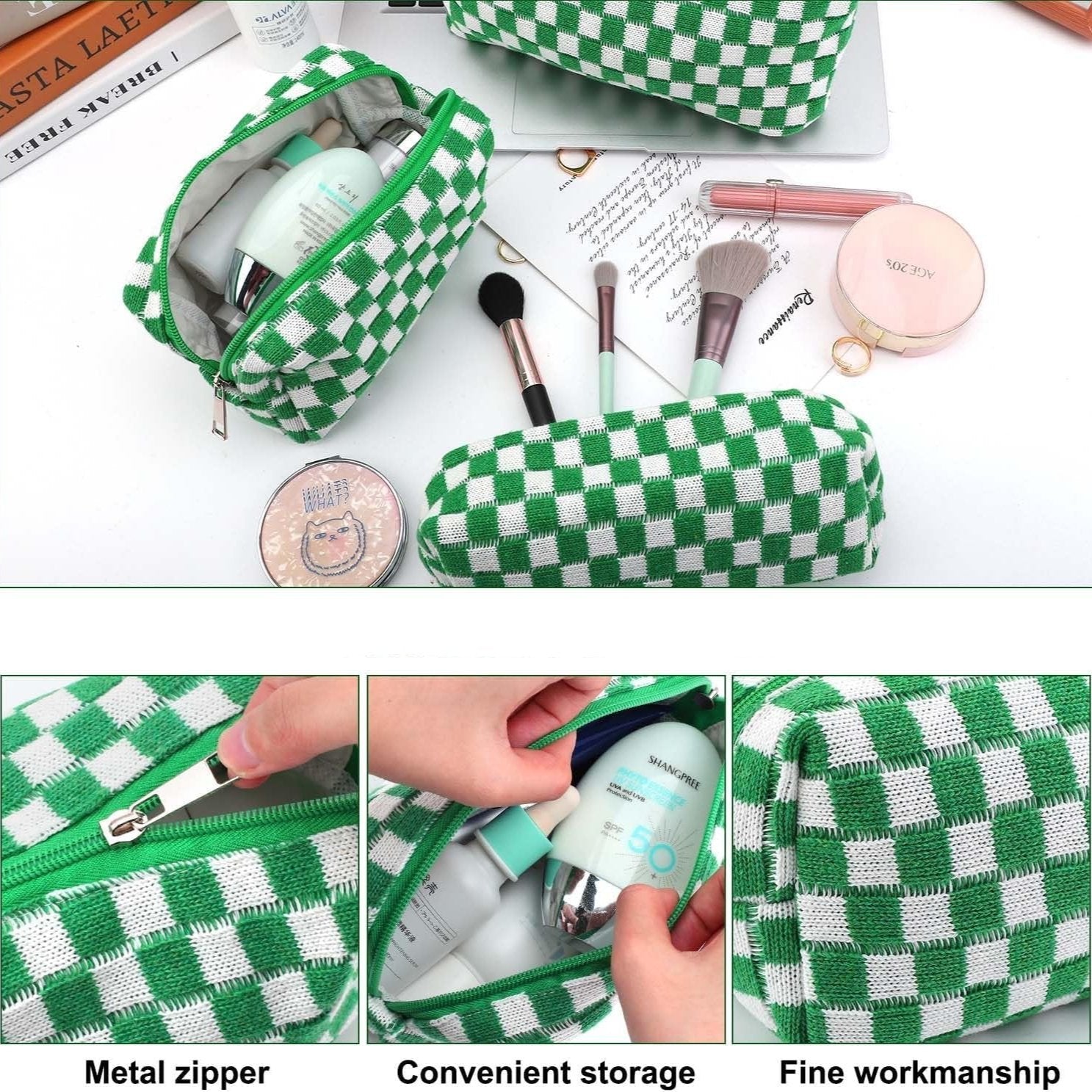 Claire | 3-Piece Autumn Winter Plaid Checkered Cosmetic Makeup Bag Set