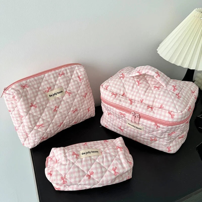 Chloe | Women's Plaid Bow Cosmetic Makeup Toiletry Bag Set