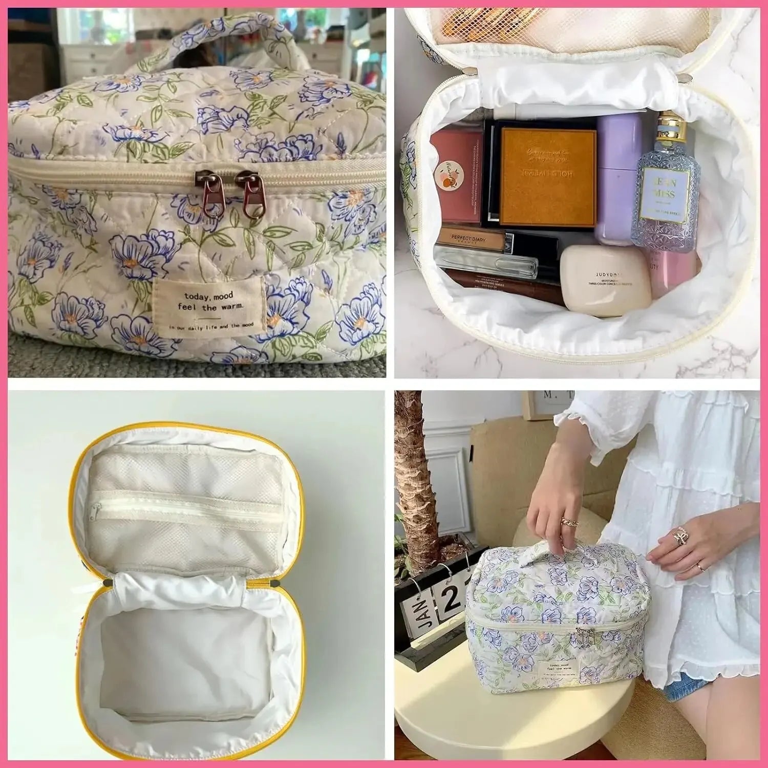 Ella | Women's Large Floral Quilted Cosmetic Makeup Bag