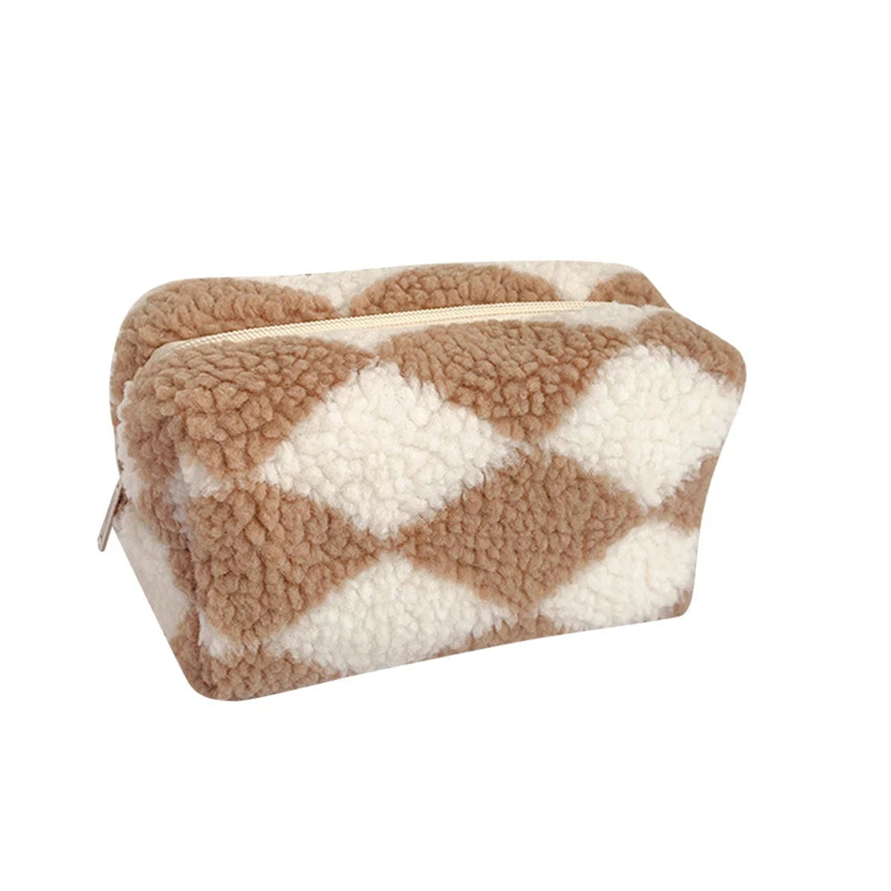 Clara | Checkered Soft Plush Cosmetic Makeup Bag