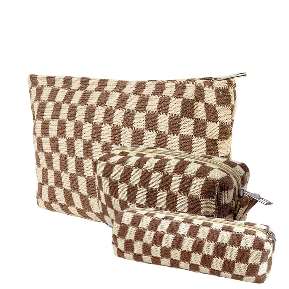 Claire | 3-Piece Autumn Winter Plaid Checkered Cosmetic Makeup Bag Set