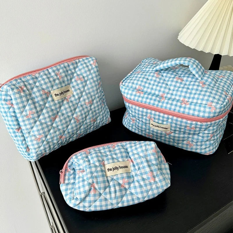 Chloe | Women's Plaid Bow Cosmetic Makeup Toiletry Bag Set