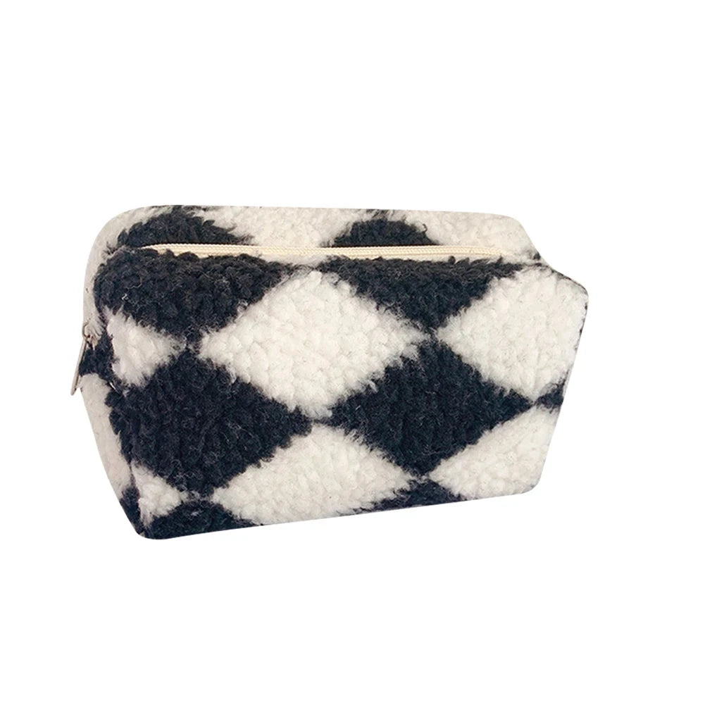 Clara | Checkered Soft Plush Cosmetic Makeup Bag