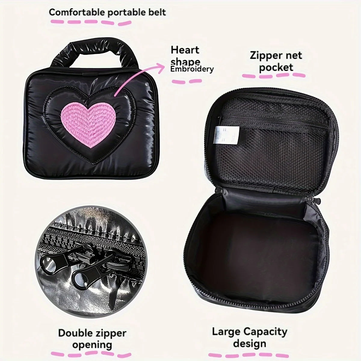 Penelope | Heart Embroidery Travel Cosmetic Makeup Toiletry Bag