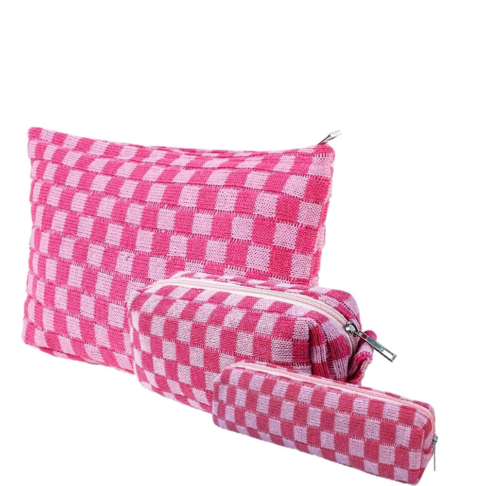 Claire | 3-Piece Autumn Winter Plaid Checkered Cosmetic Makeup Bag Set