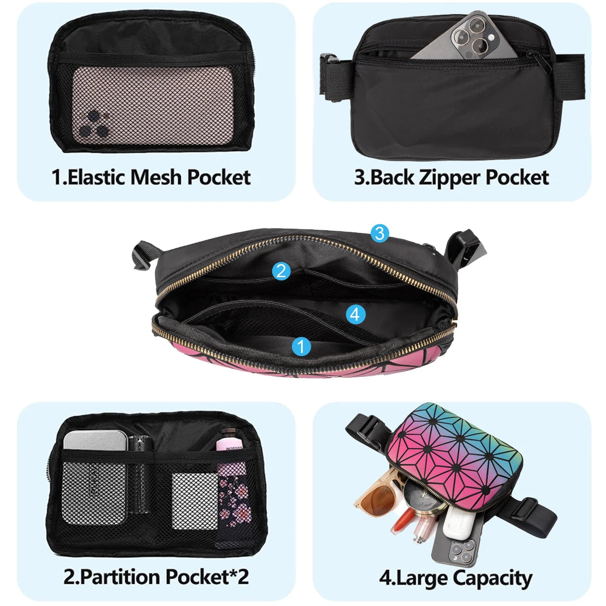 Luna | Holographic Geometric Travel Crossbody Waist Bum Bag