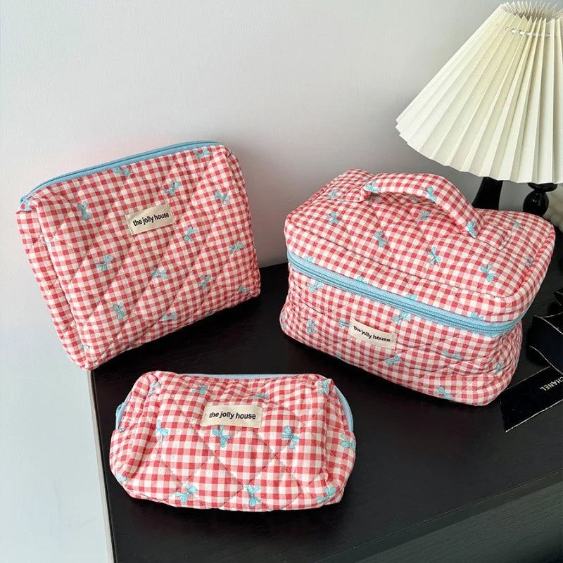 Chloe | Women's Plaid Bow Cosmetic Makeup Toiletry Bag Set