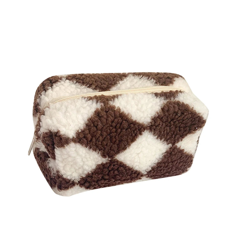 Clara | Checkered Soft Plush Cosmetic Makeup Bag