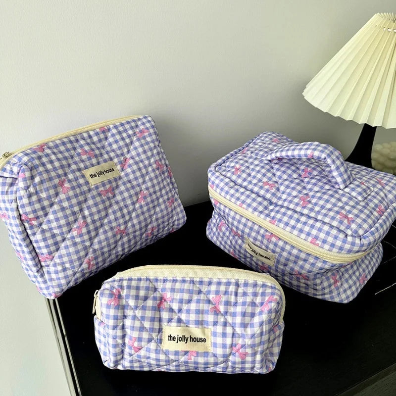 Chloe | Women's Plaid Bow Cosmetic Makeup Toiletry Bag Set