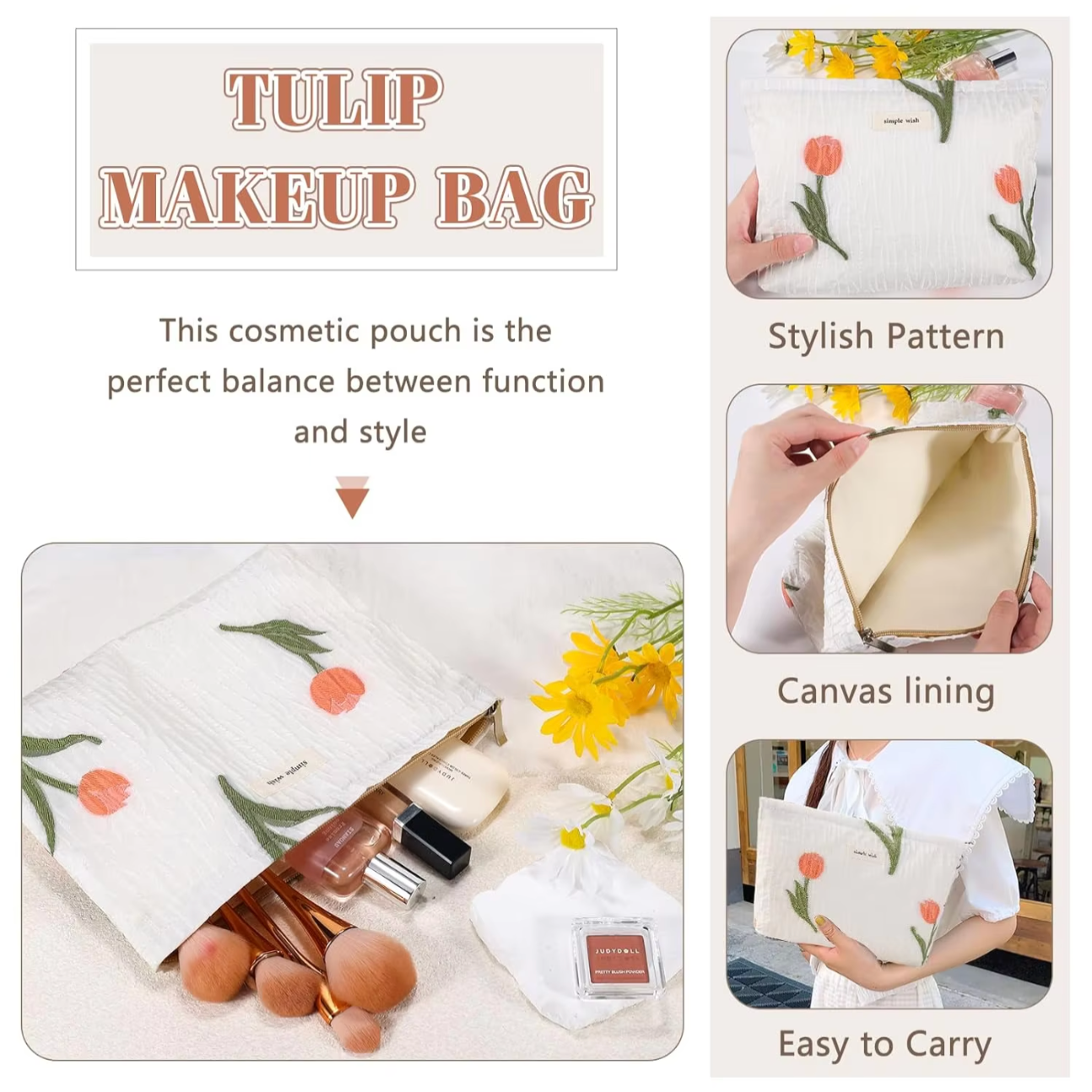 Everly | Tulip Floral Quilted Canvas Cosmetic Makeup Bag